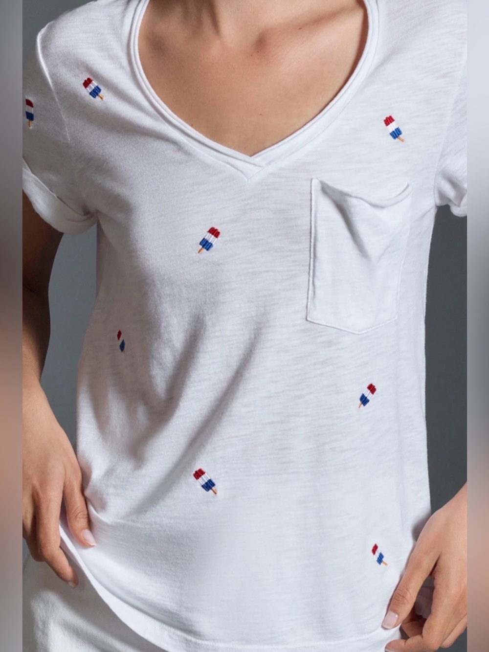 T.la White V-Neck Lightweight Colorful Popsicle Embroidered Pocket Tee. XSP.